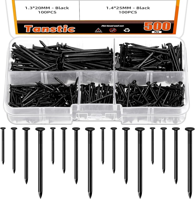 Tanstic 500Pcs 4 Sizes Hardware Nails Assortment Kit Finishing Nails Nails for Hanging Pictures Small Nails Wall Nails for Picture Hanging Woodworking(Black) - Image 1